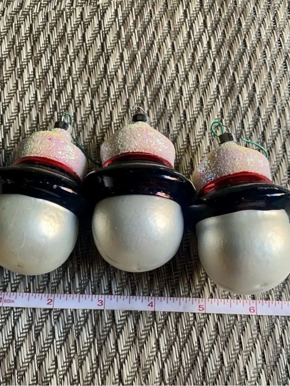 Vintage Blown Glass Snowman Head Christmas Ornaments Lot of 3 Glitter Top Hat